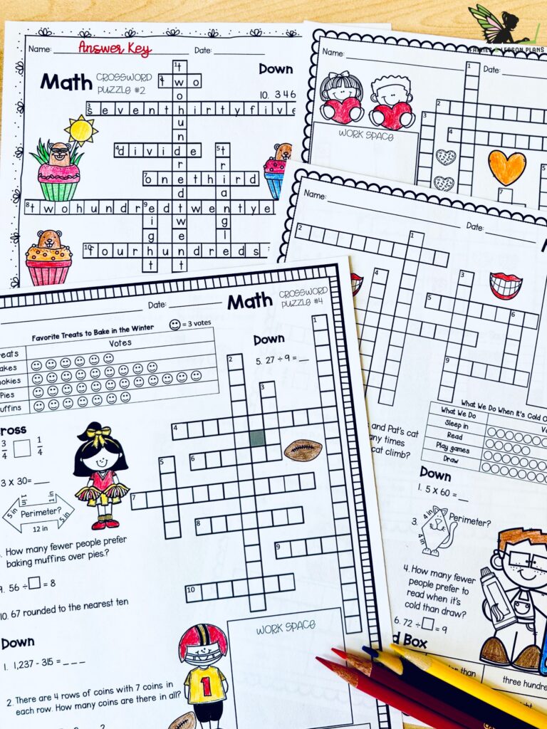 Math crossword puzzle pages and answer key for a math center activity
