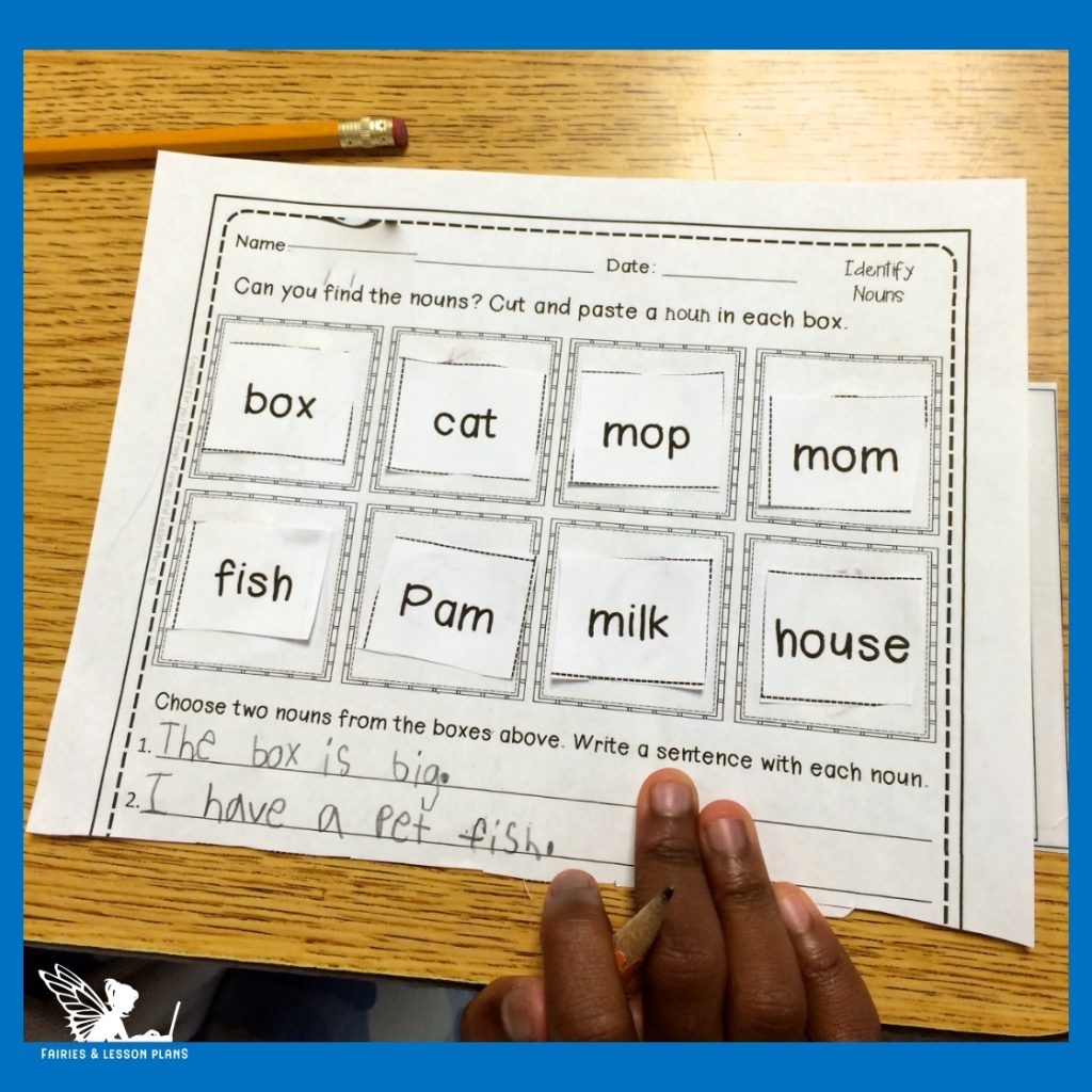 Nouns in 1st Grade cut and paste activity.