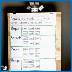 Anchor Chart for teaching nouns in 1st grade and sorting nouns into people, places, animals, and things.