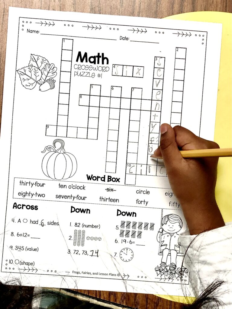 Student completing a Math Crossword Puzzle in school.