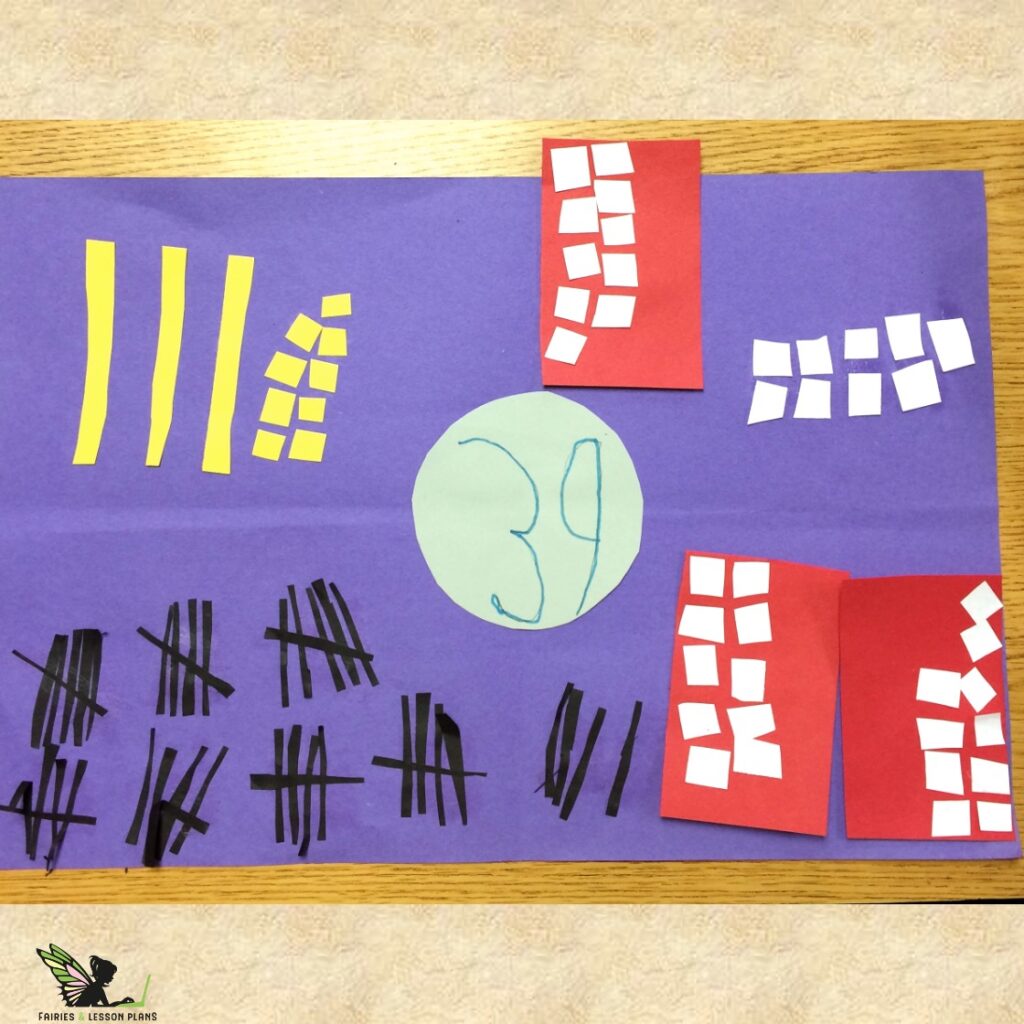 The number thirty-nine represented with tens and ones, tally marks, units, and numbers.