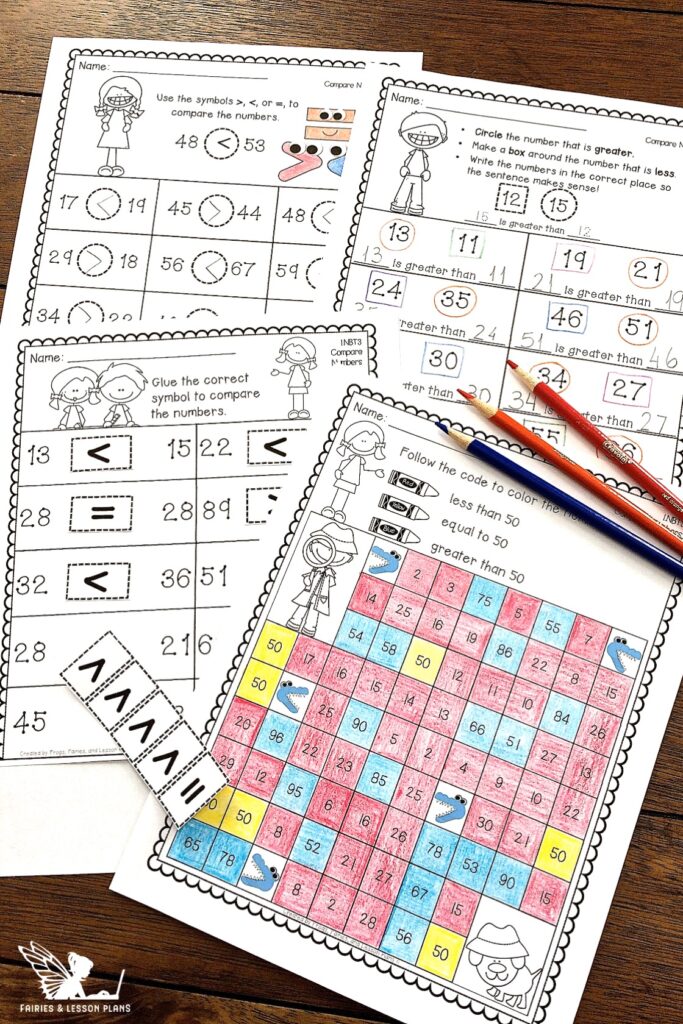 Practice worksheets for tens and ones, comparing numbers, base ten blocks.