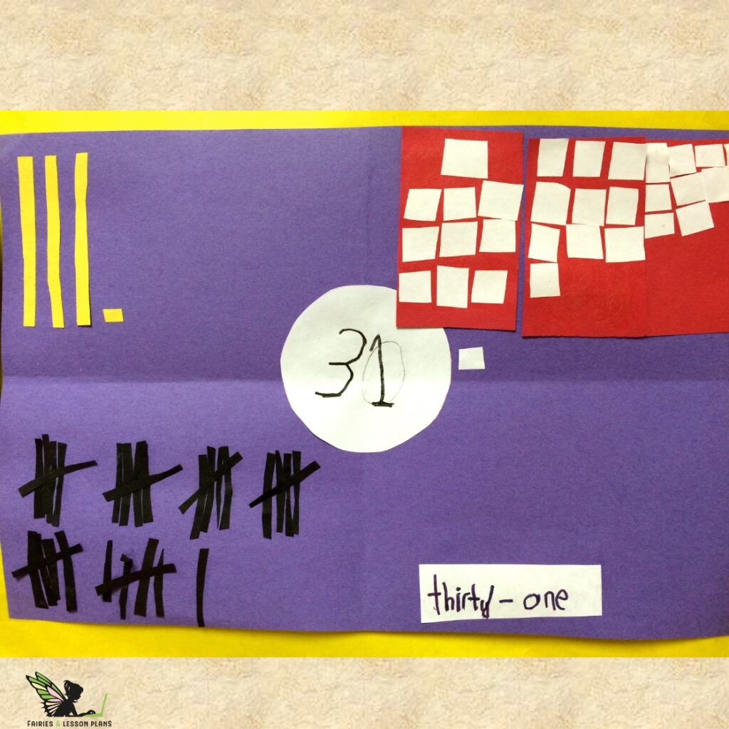 The number thirty-one represented with tens and ones blocks, tally marks, units, and words.