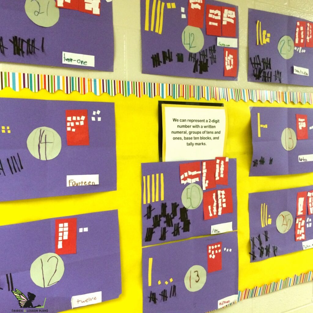 Several Number Posters displayed on the wall of a school hallway.