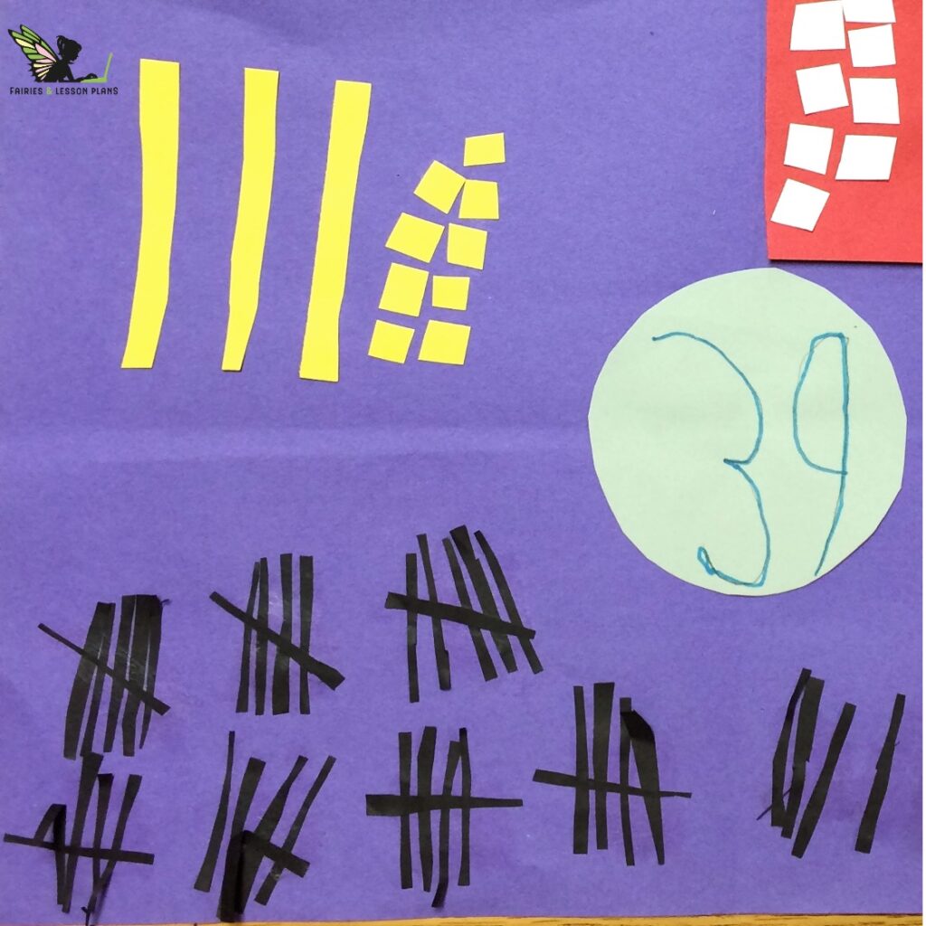 Number thirty-nine represented with black construction paper tally marks.